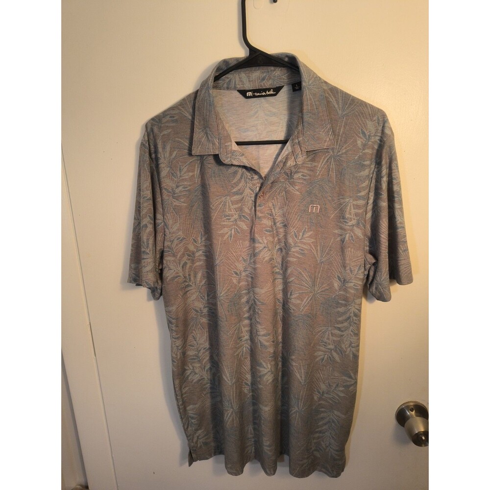 TravisMathew Patio Time Golf Polo Shirt Palm Floral Muted Gray Blue Men’s Large
